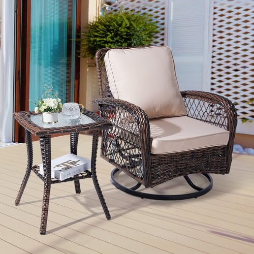 Rattan Outdoor Side Table with Glass Top & Storage Shelf | Small patio end coffee table, versatile furniture for porch, backyard, balcony and indoor living room