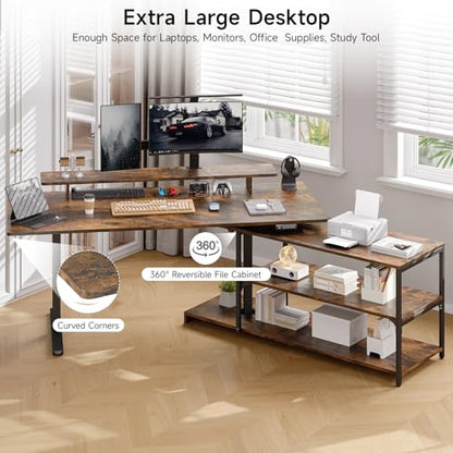 L Shaped Standing Desk with File Cabinet, 63x24'' Electric Stand Up Desk with Monitor and Storage Shelf, Adjustable Height 28-46'' for Home and Computer Workstation, Rustic Brown