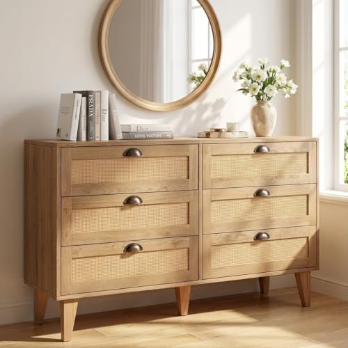 47.2-Inch Rattan Sideboard Buffet Cabinet, 6 Drawers, Natural, view 2