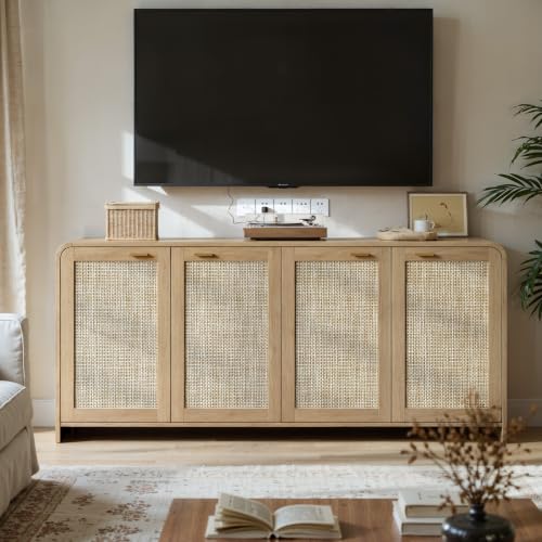 67" Rattan Sideboard Buffet Cabinet with Storage, Natural Oak, view 7