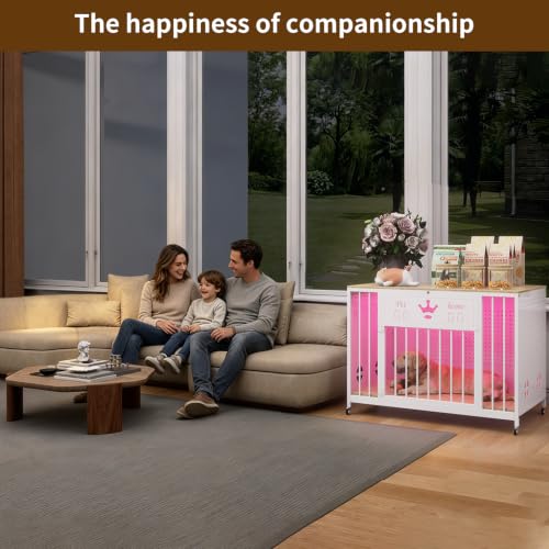 31.5" Iron Pegboard Dog Crate Furniture with Solid Wooden Top & RGB Lights, view 7
