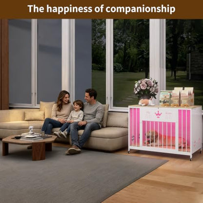 31.5" Iron Pegboard Dog Crate Furniture with Solid Wooden Top & RGB Lights, view 7