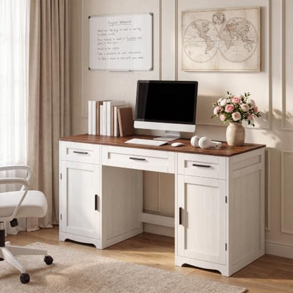 Farmhouse Executive Desk with Drawers, Wood Home Office Desk, Brown, view 4