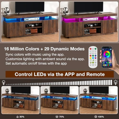Modern LED TV Stand for 75 Inch TV, Walnut TV Console with Power Outlet, Entertainment Center with Storage for 75/70/65 inch TVs, Rustic Gaming Media Console Cabinet for Living Room (64 Inch)