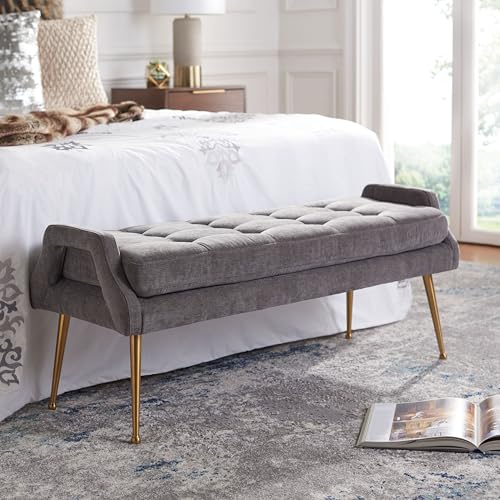 SAFAVIEH Home Collection Everdeen Glam Charcoal Velvet/Gold Pillow Top Tufted Bench
