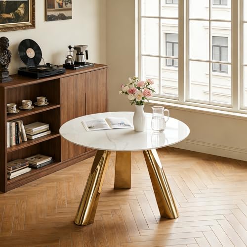 42" Luxury Sintered Stone Table: 0.45" Top + 6" Steel Legs, 500lb Capacity, Stain,Heat Resistant White,Gray Veined Design