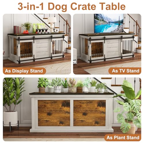 62" Farmhouse Dog Crate Furniture for 2 Large Dogs, Antique White, view 8