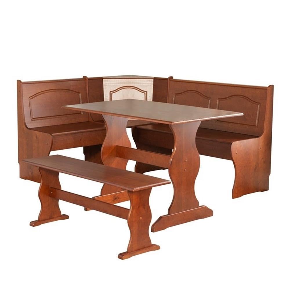 Dining Set Wood, Rectangular in Walnut Brown for Kitchen, Dining Room with Table, Benches, and Storage Space