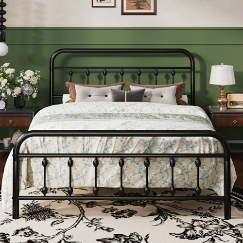 Full Metal Bed Frame with Victorian Iron-Art Headboard, Black, view 2