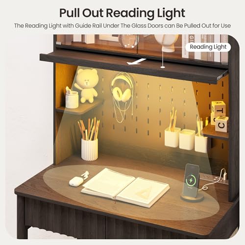 31.5" LED Study Desk with Hutch,Outlets,Reading Lights, view 5