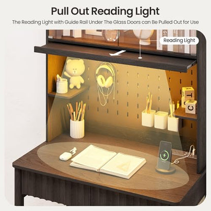 31.5" LED Study Desk with Hutch,Outlets,Reading Lights, view 5