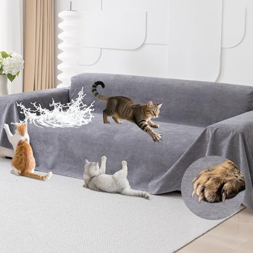 Cat Scratch Furniture Protector - Anti-Slip, Waterproof Sofa Cover to Keep Cats Off, Pet-Friendly Couch Protectors for 3 Cushion Couch, Gray Anti-Scratch Couch Cover for Pets and Kids 134"X71"