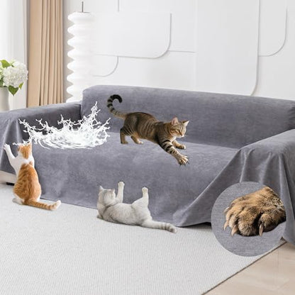 Cat Scratch Furniture Protector - Anti-Slip, Waterproof Sofa Cover to Keep Cats Off, Pet-Friendly Couch Protectors for 3 Cushion Couch, Gray Anti-Scratch Couch Cover for Pets and Kids 134"X71"