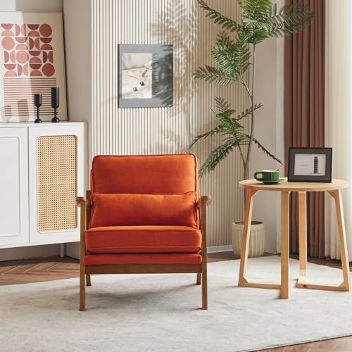 Mid-Century Lounge Accent Chair, Burnt Orange | Wide Curved Armrest, Linen Fabric, Lumbar Pillow Included, Solid Wood Frame, For Living Room, Bedroom, Balcony, Apartment