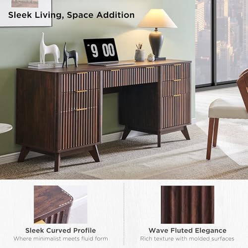 60" Modern Fluted Executive Desk with Drawers, Dark Walnut, view 4