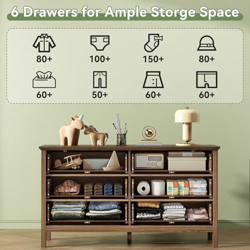 55'' Walnut Dresser with 6 Drawers for Bedroom, view 6