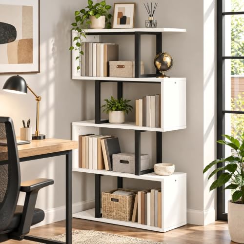 5-Tier S-Shaped Bookcase, Modern Display Shelf, Cream White, view 2