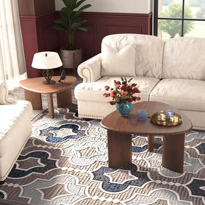 Nesting Coffee Table Set of 2, Modern Walnut Wood Veneer Coffee Table and Side Table Set for Living Room, Small End Table Set with Flexible Use and Space-Saving Design
