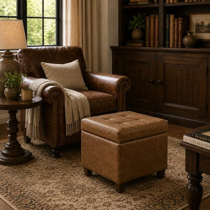 Square Tufted Storage Ottoman - Distressed Brown Faux Leather Small