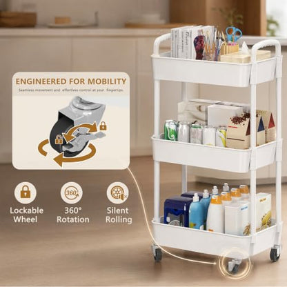 3 Tier Rolling Cart with Wheels, Utility Storage Carts,White, view 6