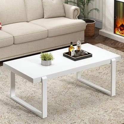 White Coffee Table, Modern Rustic Wood and Metal Center Table, Rectangle Cocktail Tea Table for Living Room, 47 Inch