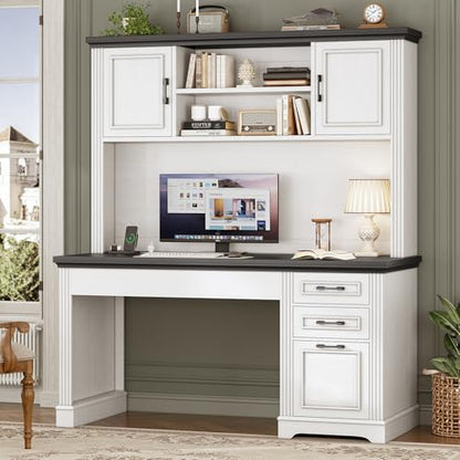 Farmhouse Computer Desk with Hutch and 3 Drawers, 47.2" Executive Office Desk with Storage Drawers, Wood Desk with Power Outlet for Home Office, White