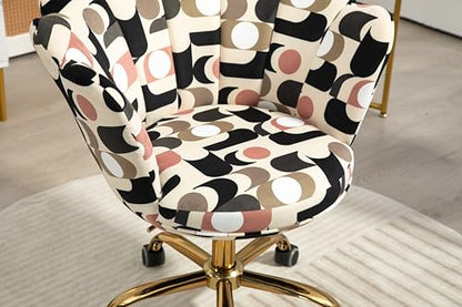 Comfy Home Office Task Chair with Wheels, Cute Modern Upholstered Velvet Seashell Back Adjustable Swivel Vanity Desk Chair, for Women,for Girls, Living Room, Bedroom（Geometric Figure