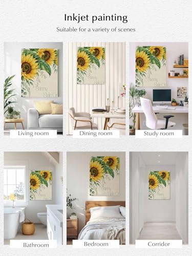NuYeBiofx Watercolor Sunflower on Linen Canvas Wall Art Prints,48"x32" Framed Picture Artwork Rustic Floral Eucalyptus Leaves Printed Canvas Oil Painting for Living Room Bedroom Office,Ready to Hang