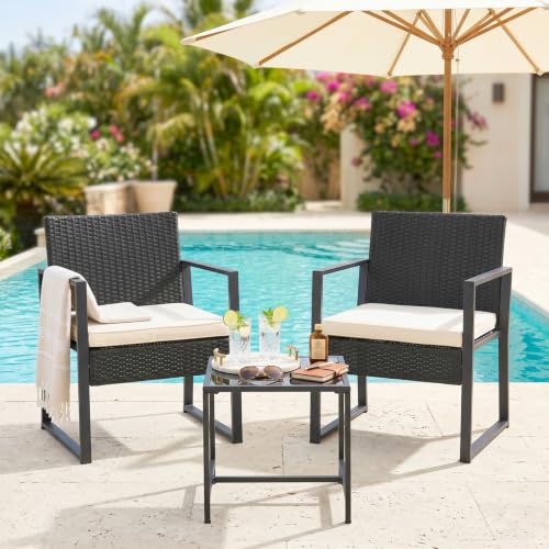 | 3-Piece Patio Furniture Set | Khaki |Outdoor Wicker Furniture with Coffee Table | Modern Rattan Chairs Conversation Set | Outdoor Seating | Weather-Resistant | for Porch, Garden, Lawn