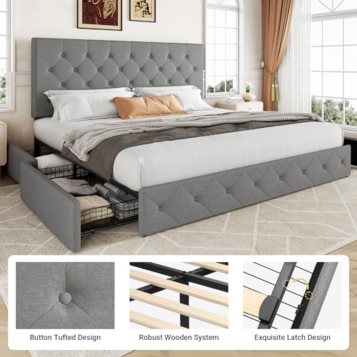 Upholstered King Size Platform Bed Frame with 4 Storage Drawers and Headboard, view 7