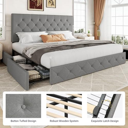 Upholstered King Size Platform Bed Frame with 4 Storage Drawers and Headboard, view 7