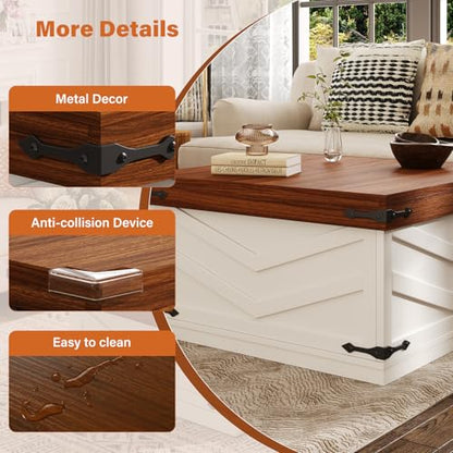 31.5'' Lift Top Coffee Table, Sliding Top Square Center Table with Large Hidden Storage Organizer, Multi-Functional Farmhouse Coffee Tables for Living Room, Bedroom, Home Office, White