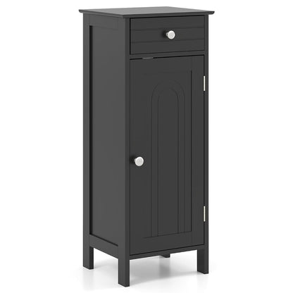 Bathroom Floor Cabinet, Free-Standing Single Door Storage Cabinet with Drawer & 2 Adjustable Shelves, Wooden 14”L Narrow Side Storage Organizer for Small Spaces, Living Room, Kitchen (Black)