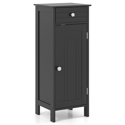 Bathroom Floor Cabinet, Free-Standing Single Door Storage Cabinet with Drawer & 2 Adjustable Shelves, Wooden 14”L Narrow Side Storage Organizer for Small Spaces, Living Room, Kitchen (Black)
