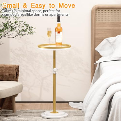 Small Side Table, Drink Table, Height Adjustable Round End Table, Pedestal Side Table for Small Spaces in Living Room, Bedroom, Gold