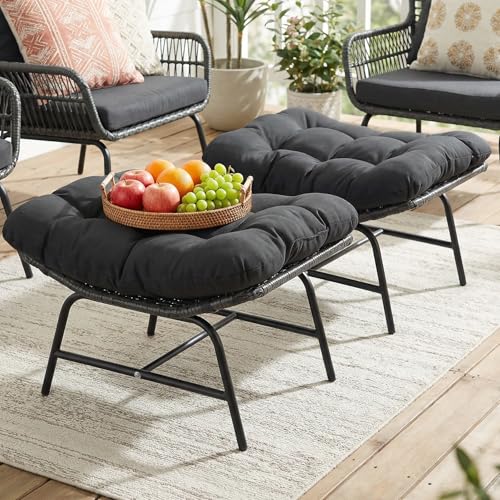 Grey wide rattan indoor outdoor ottoman set of two with cushions, view 2