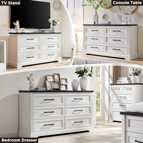 52" Wide Farmhouse 6 Drawer Dresser for Bedroom, Off White, view 4