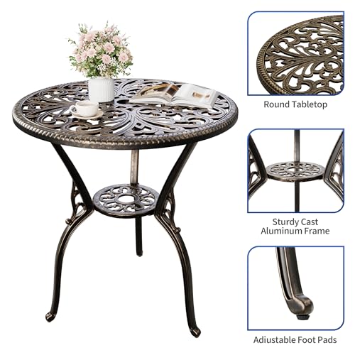 Patio 23''Cast Aluminum Side Table with Umbrella Hole,Outdoor Small Coffee Tables,Anti-Rust Bistro Table,Round End Table,Outdoor Furniture for Indoor,Patio,Garden,Porch,Balcony,Retro Bronze