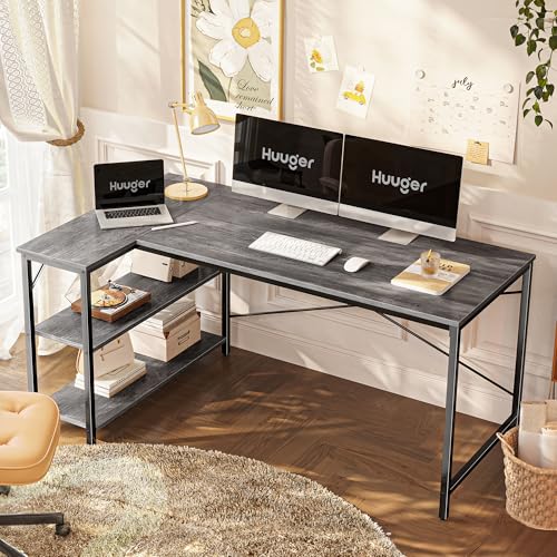 L Shaped Desk, 55 Inches Computer Desk with Reversible Storage Shelves, for Gaming Corner Home Office Writing Study, Metal Frame, Gray