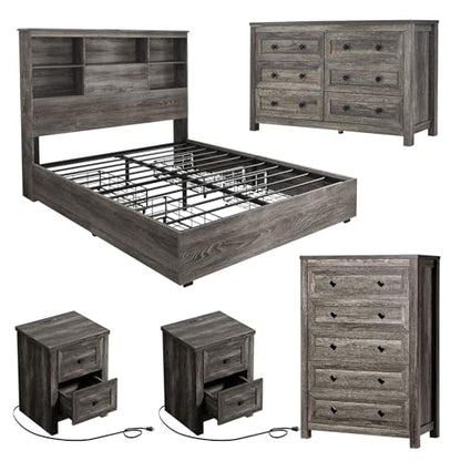 5-Piece Farmhouse Bedroom Set, 1 X Queen Size Bed Frame, 1 X 5 Drawer Dresser, 1 X Wood Rustic 6 Drawer Storage Dresser, Nightstand Set of 2 with Charging Station, Bedroom Furniture Set, Grey