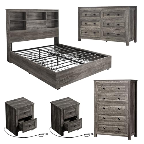 5-Piece Farmhouse Bedroom Set, 1 X Queen Size Bed Frame, 1 X 5 Drawer Dresser, view 2
