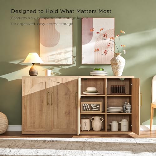 Arched Door Sideboard Buffet Cabinet Set of 2, Accent Cabinet with Adjustable Shelf, Wood Modular Credenza Storage Cabinet for Dining Room, Living Room, Entryway, Natural Oak