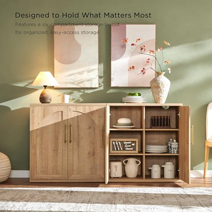 Arched Door Sideboard Buffet Cabinet Set of 2, Accent Cabinet with Adjustable Shelf, Wood Modular Credenza Storage Cabinet for Dining Room, Living Room, Entryway, Natural Oak
