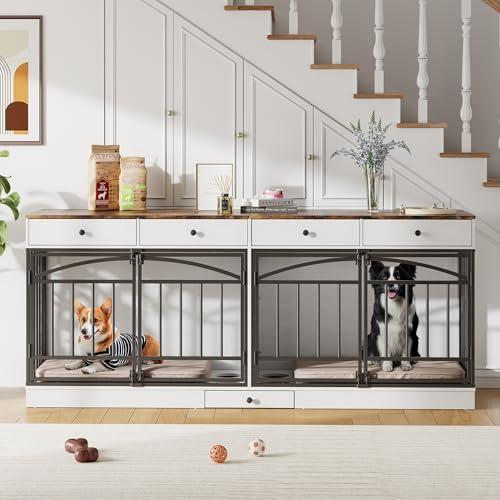 78.7" Dog Crate Furniture for 2 Dogs with 4 Drawers, White, view 2