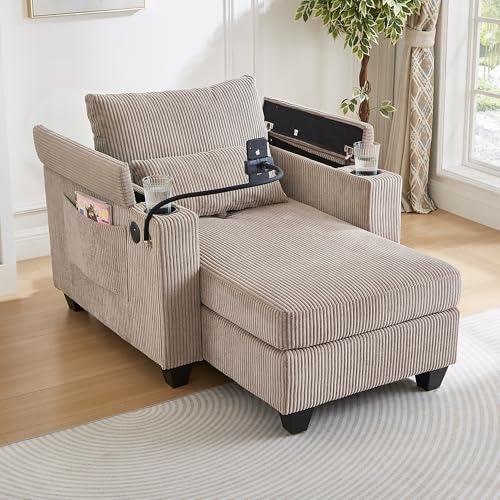 Modern 37.4" Upholstered Indoor Chaise Lounge with USB Ports, view 2