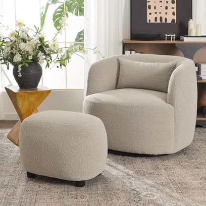 Round Boucle Upholstered Ottoman Chair, Footstool with Soft Padded Seat, Fully Assembled Modern Sofa Couch Footrest, Extra Seating for Bedroom Entryway, Taupe(18.5" D x 23" W x 16.5" H)
