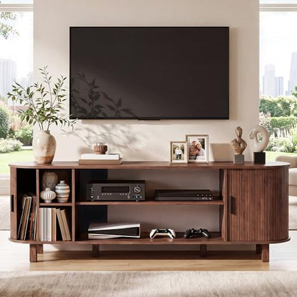 70" Mid Century TV Stand with Fluted Sliding Doors, Walnut, view 5