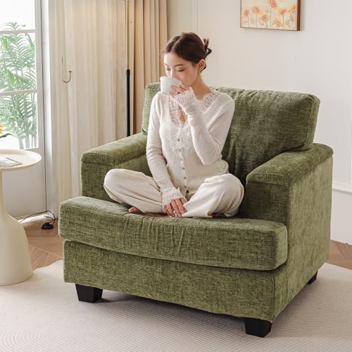 Oversized Accent Chair with Armrest Organizer,Comfy Living Room Chairs with 7.8'' Cushion,Upholstered Mid-Century Armchair,Large Reading Chair for Bedroom Living Room,Office,Chenille,Green