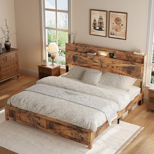 King Size Farmhouse Wooden Bed Frame with Storage Headboard, view 4