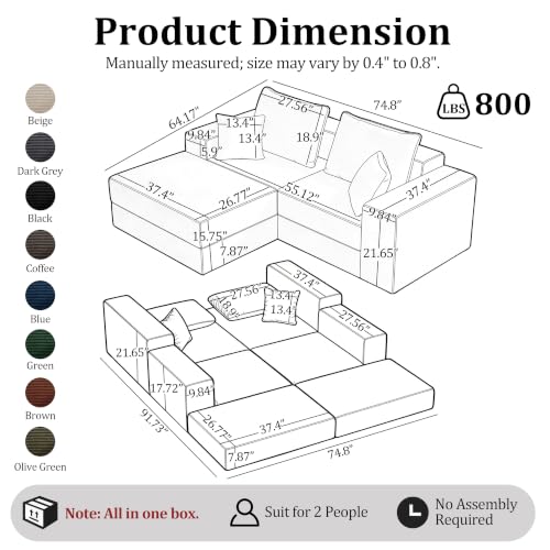 75'' L-Shaped Cloud Modular Sectional Couch with Chaise, Modern Corduroy Memory Foam Sofa Bed, Upholstered Boneless Deep Seat Fluffy Sleeper Sofa, for Living Room, No Assembly Needed (Black)